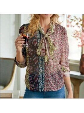 Soft Surroundings Langdon Button Down Paisley Scarf Blouse Size PS